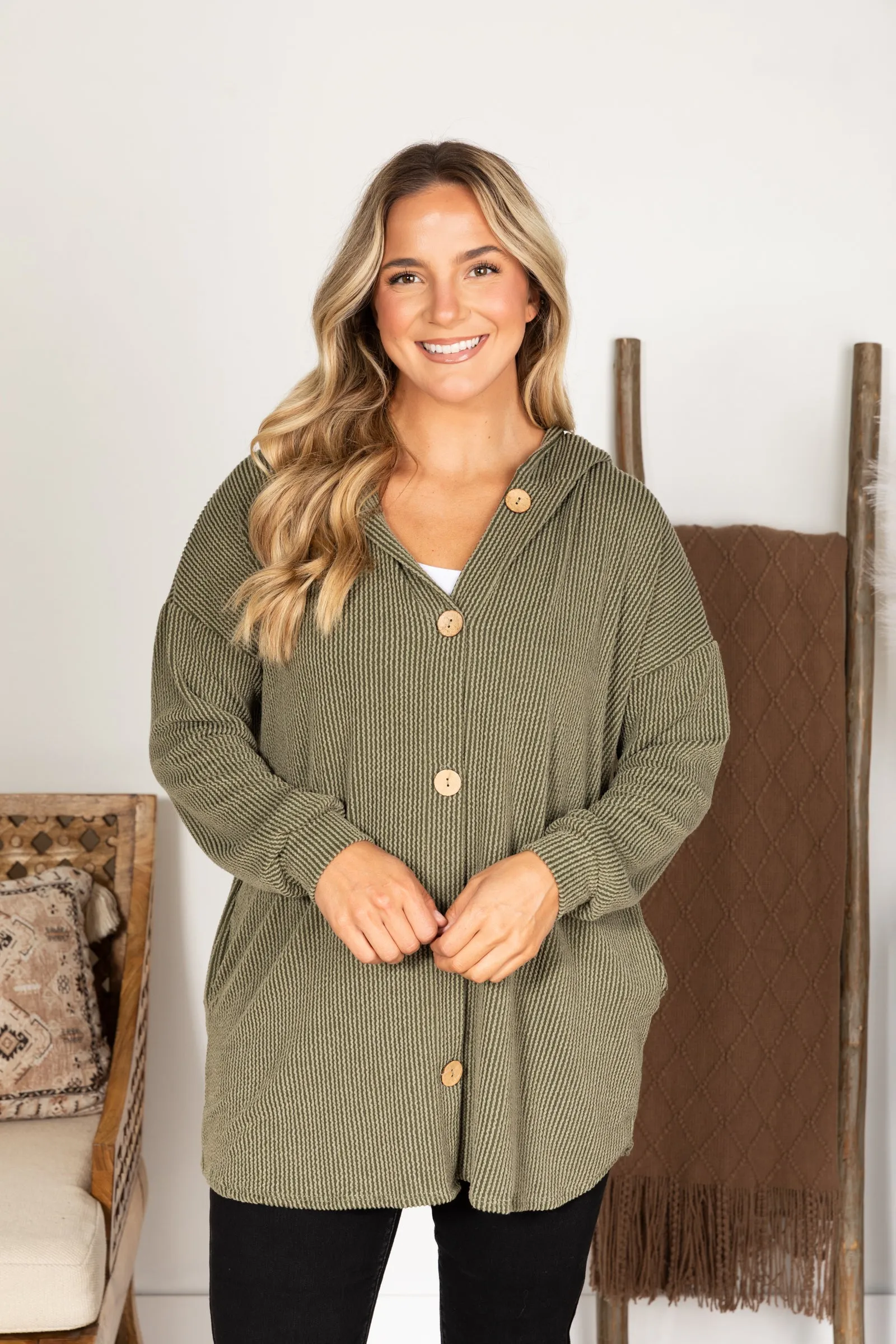 Solid Ribbed Long Button Up Shacket