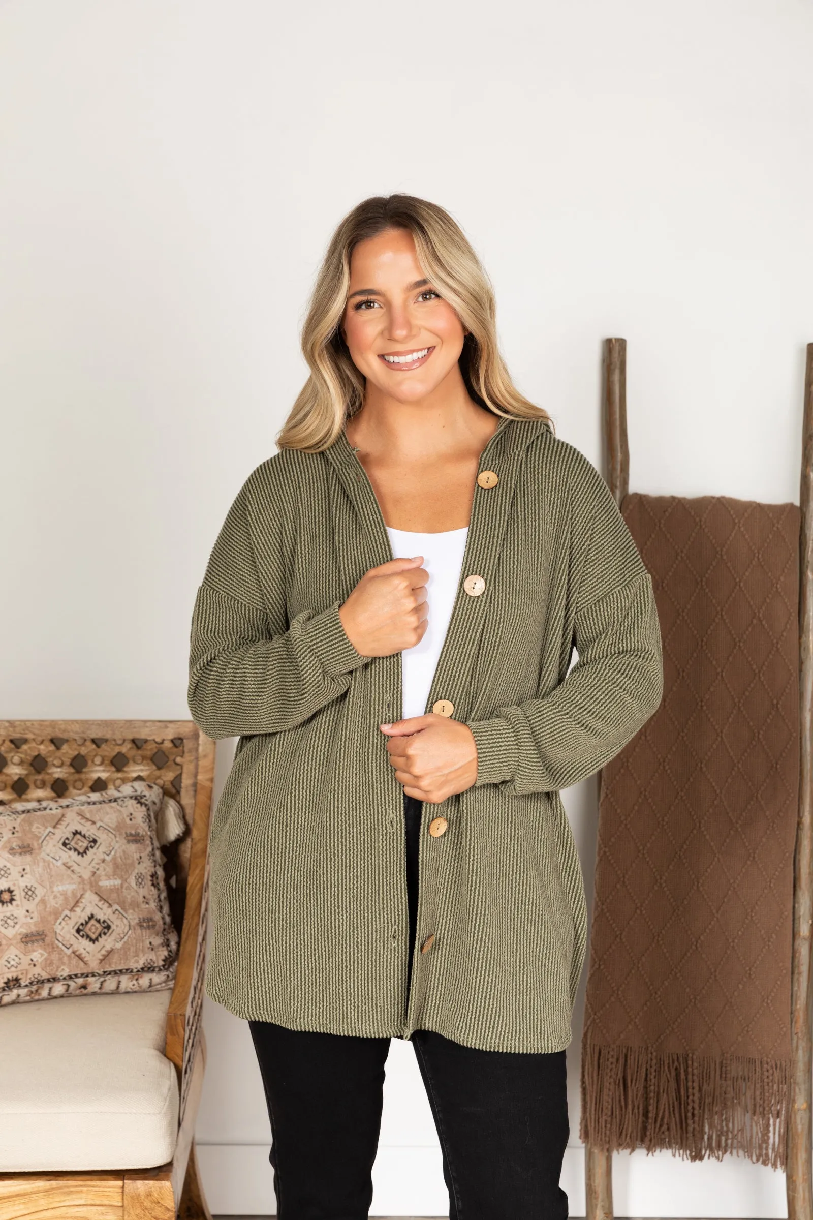 Solid Ribbed Long Button Up Shacket
