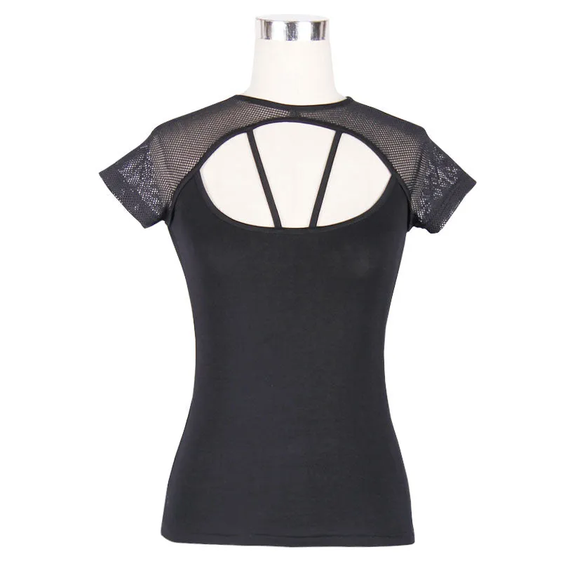 TT028 Summer daily hollow out short sleeve mesh shawl black women punk laced up T-shirt