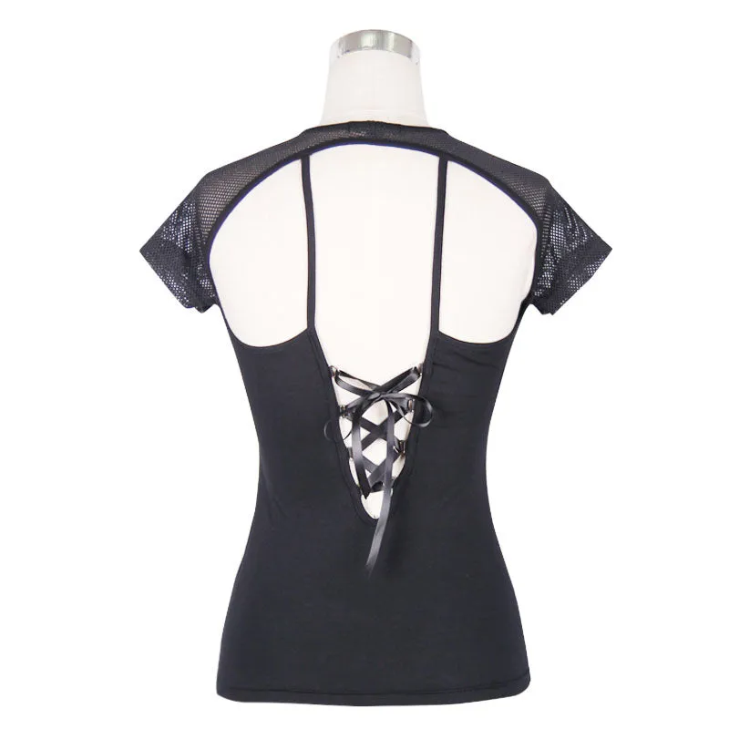 TT028 Summer daily hollow out short sleeve mesh shawl black women punk laced up T-shirt