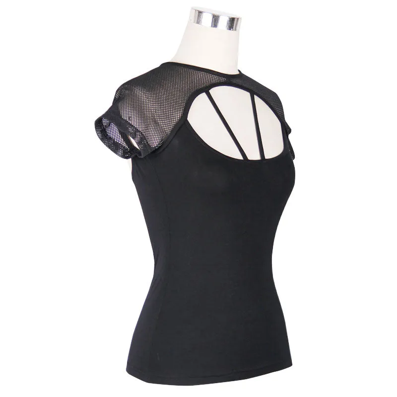 TT028 Summer daily hollow out short sleeve mesh shawl black women punk laced up T-shirt
