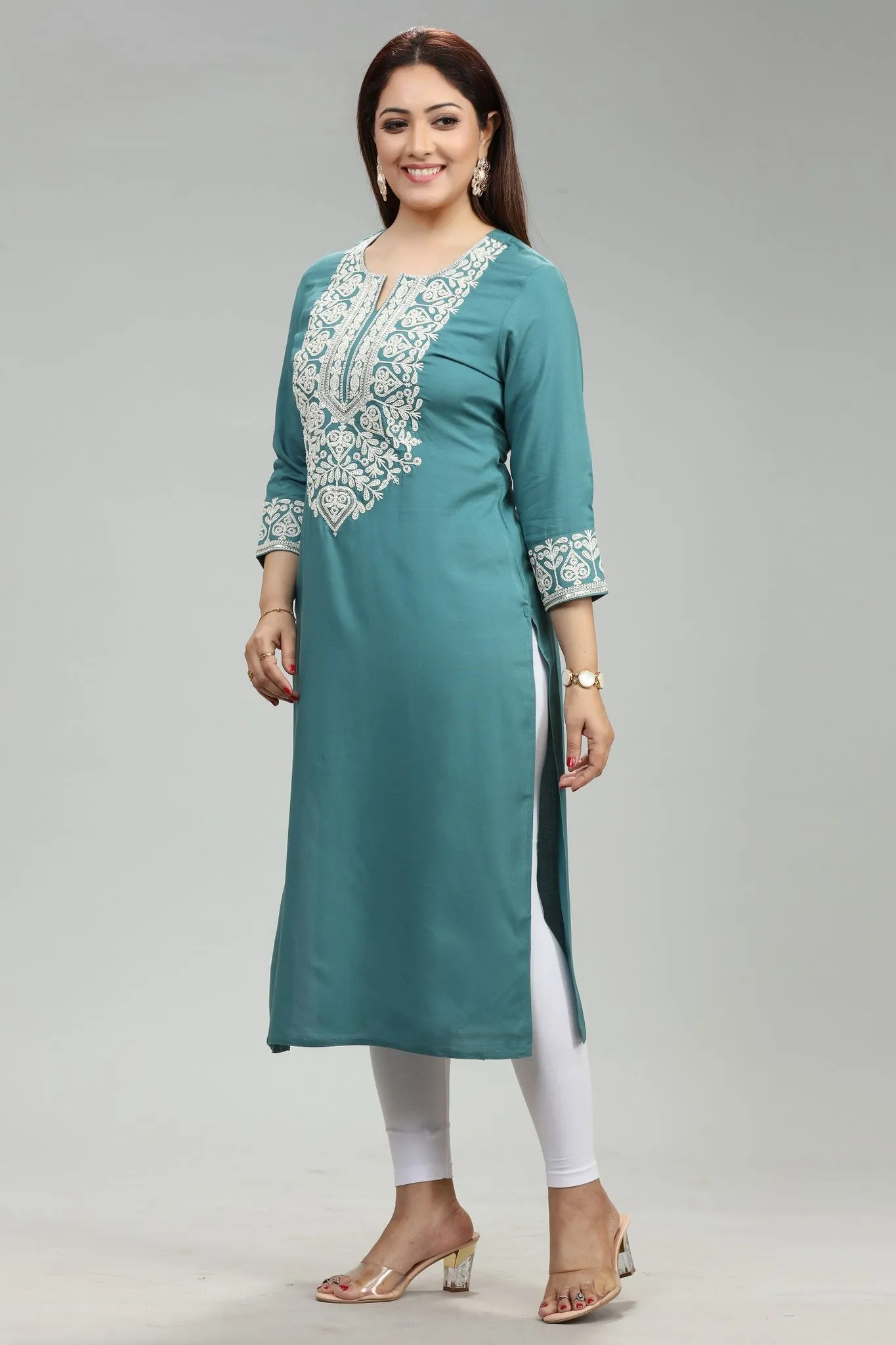 Turquoise Blue Rayon Straight Embroidered Kurta