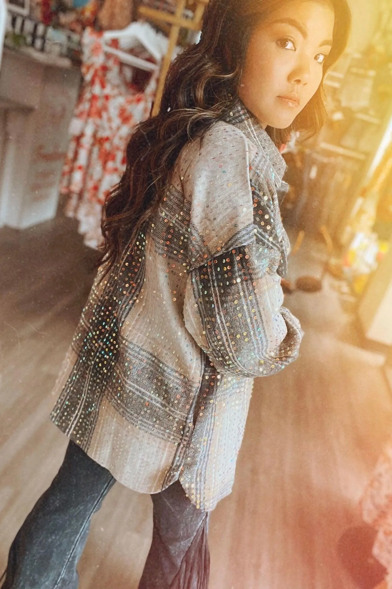 When It’s Raining Sequin Plaid Shacket