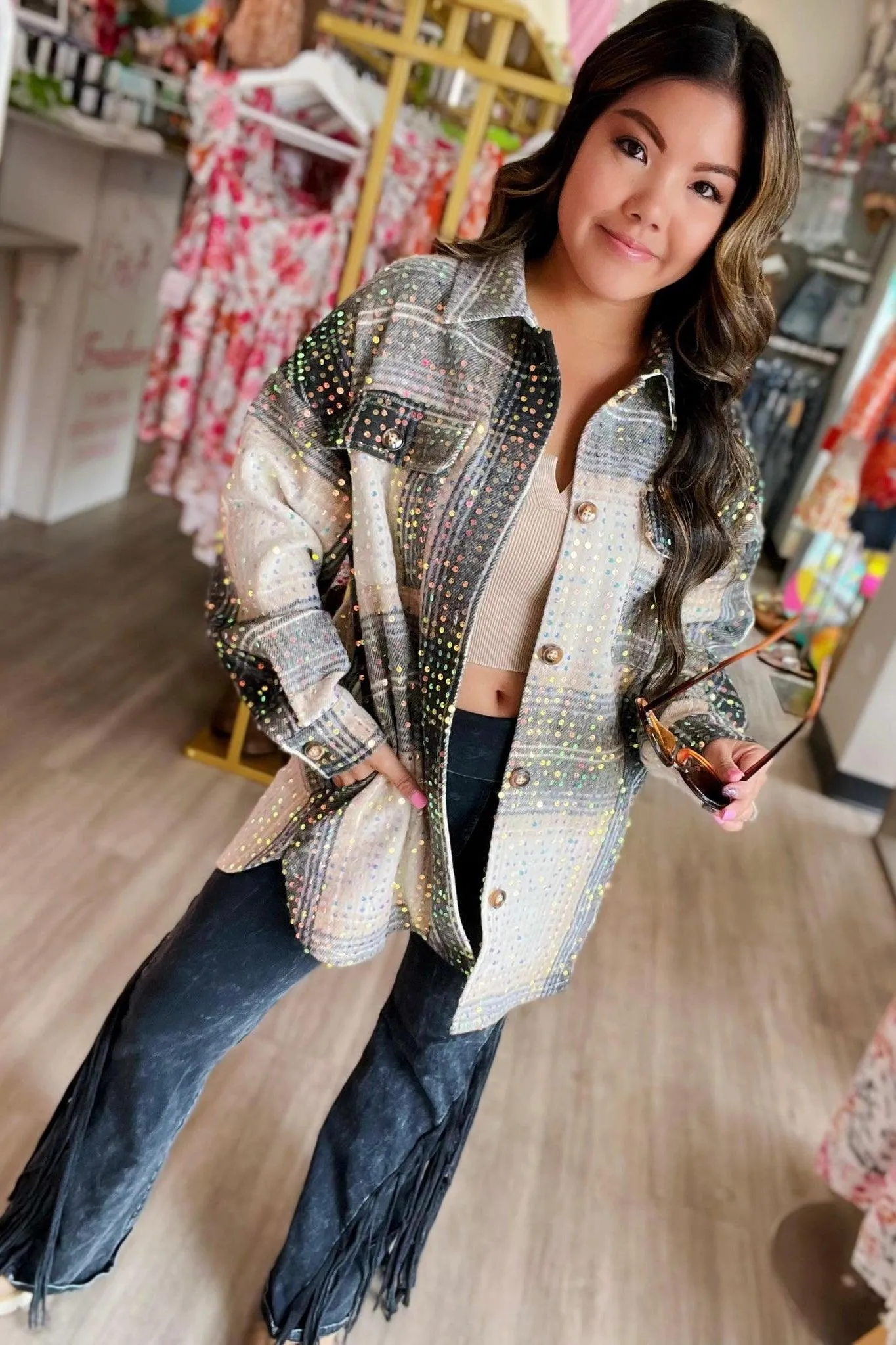 When It’s Raining Sequin Plaid Shacket