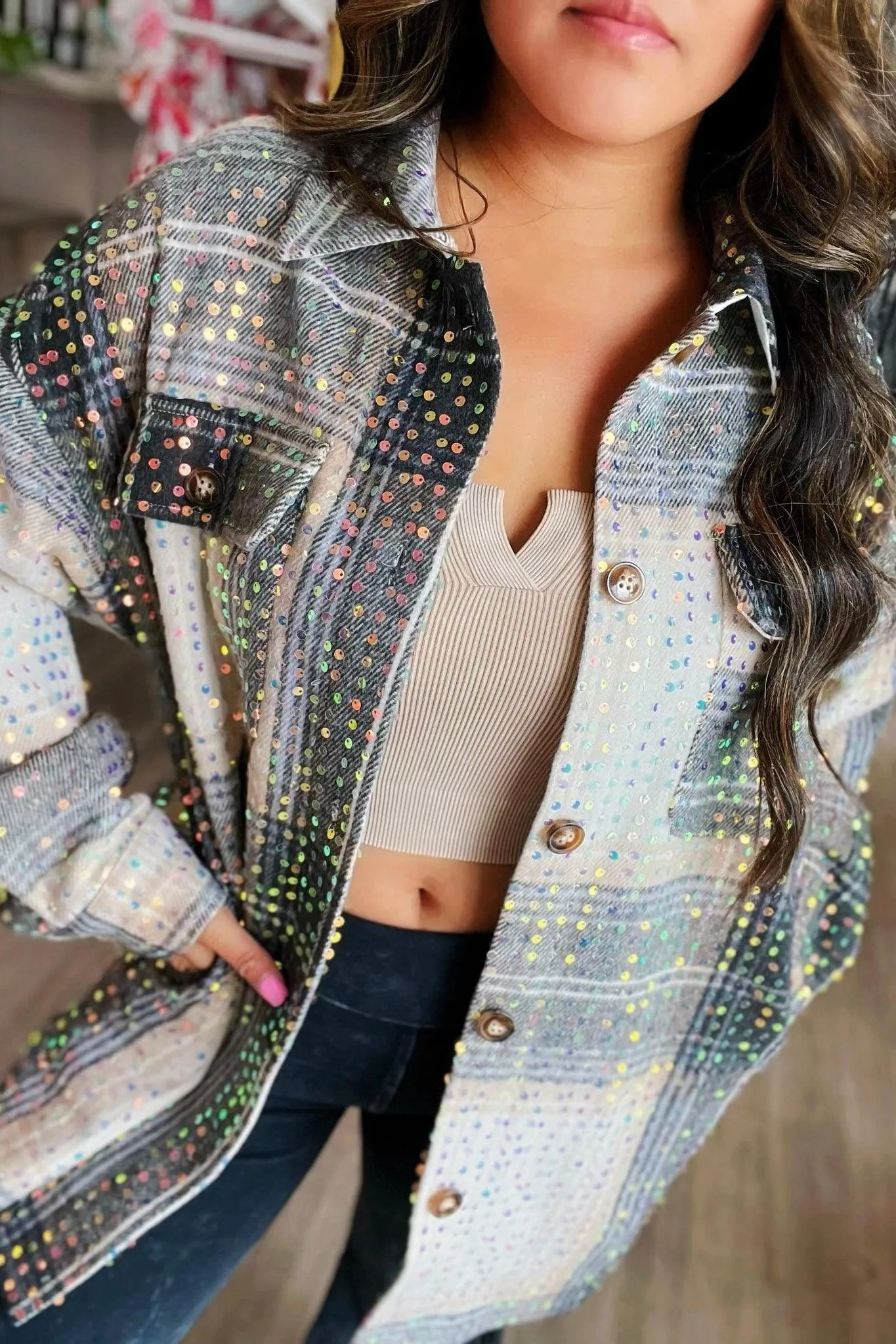 When It’s Raining Sequin Plaid Shacket