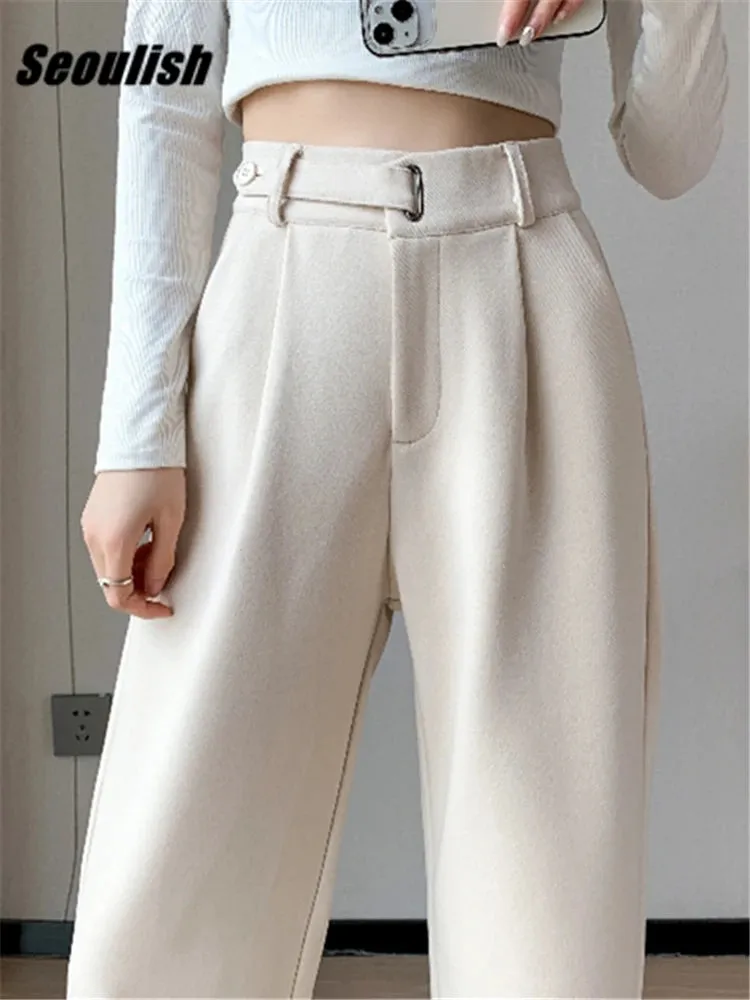 Women's Winter Thicken Woolen Pants with High Waist, Pleated Front and Pockets for Casual Comfort