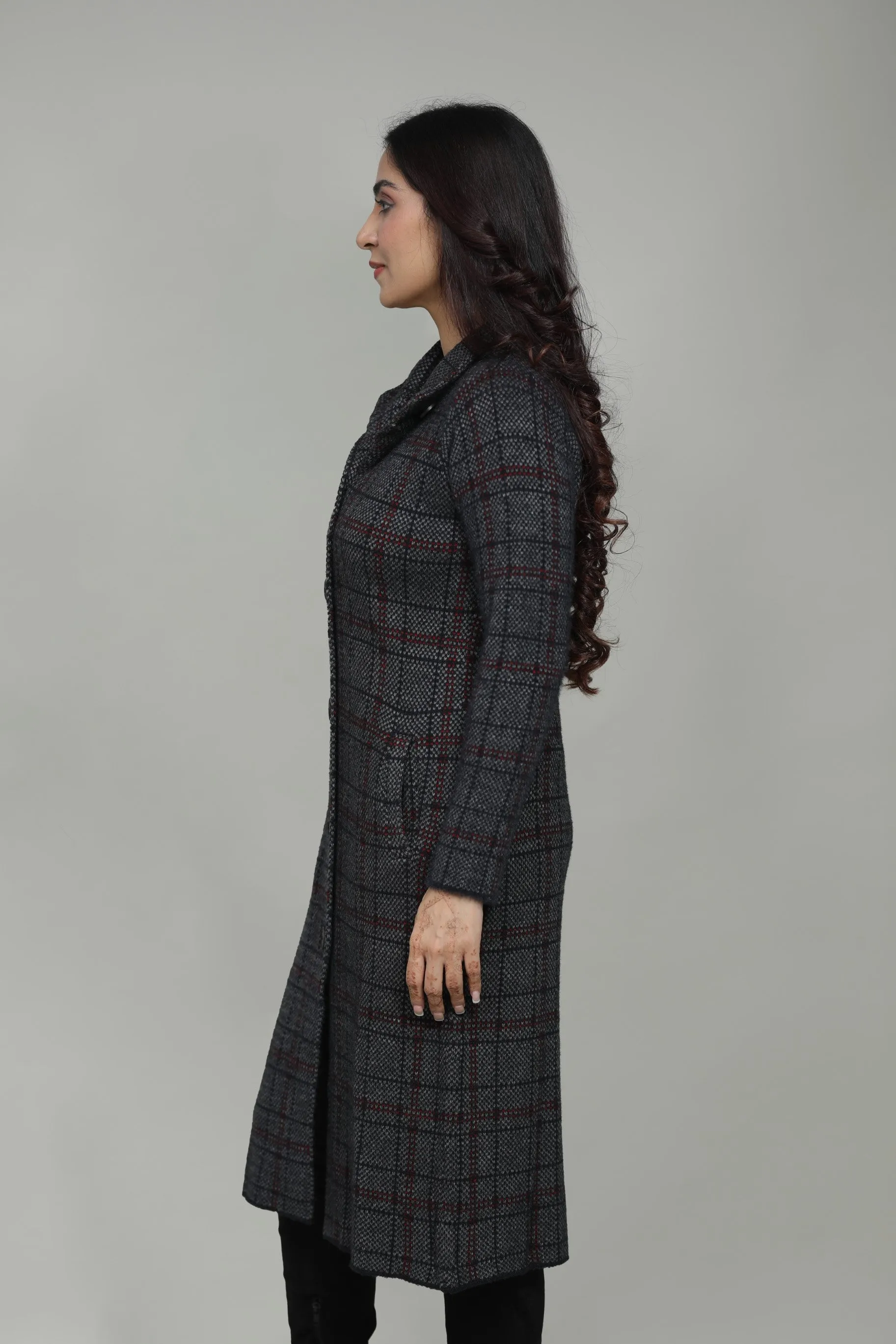 Woolen Checkered T-Neck Long Coat for Women