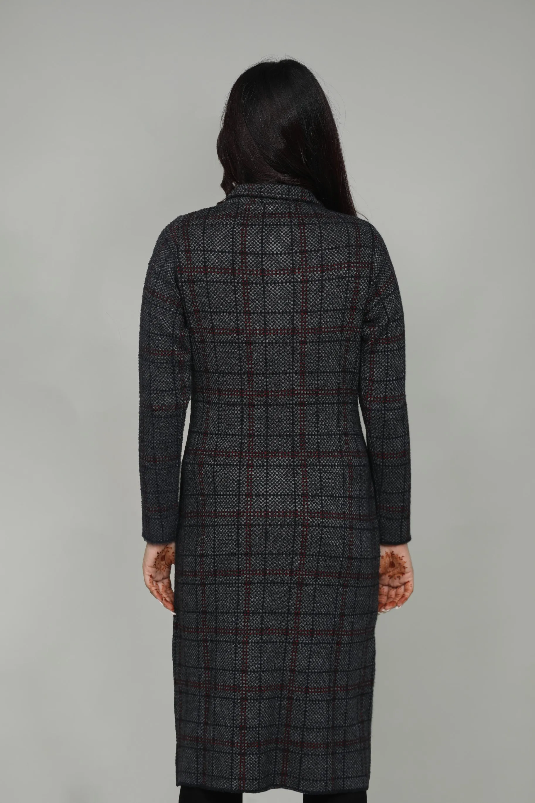 Woolen Checkered T-Neck Long Coat for Women