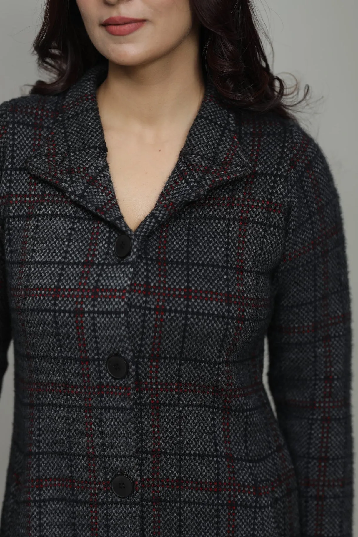 Woolen Checkered T-Neck Long Coat for Women