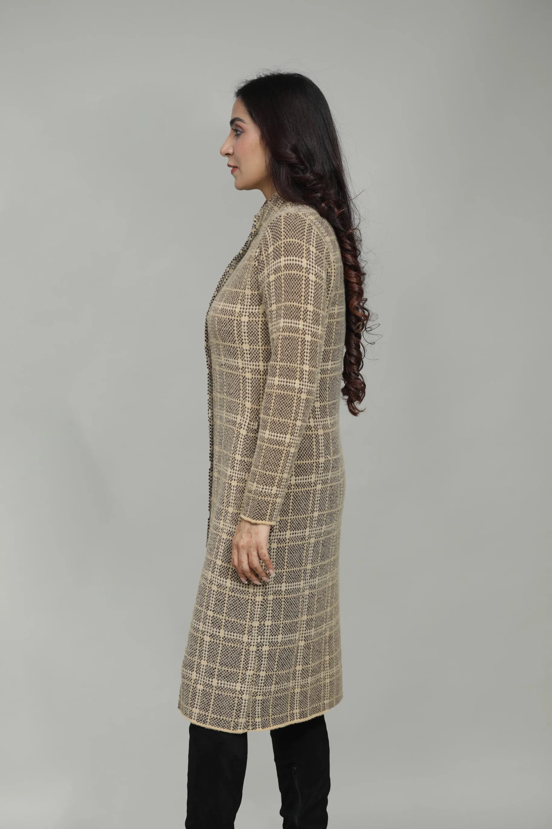 Woolen Checkered T-Neck Long Coat for Women