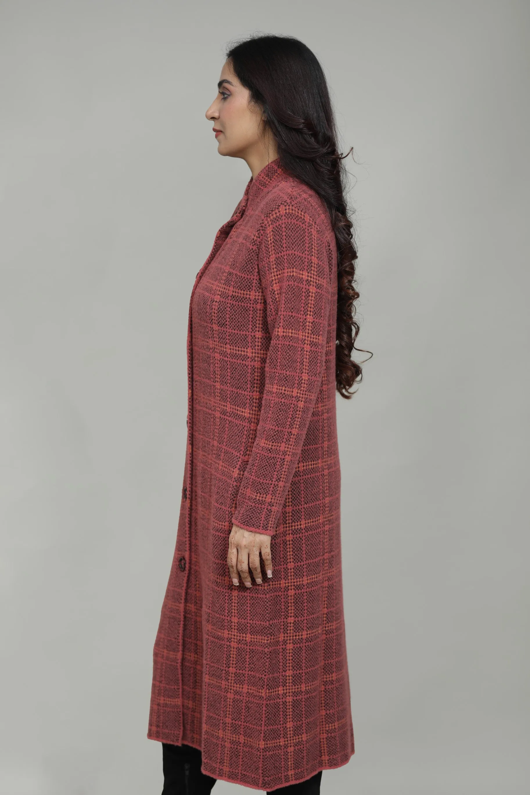 Woolen Checkered T-Neck Long Coat for Women