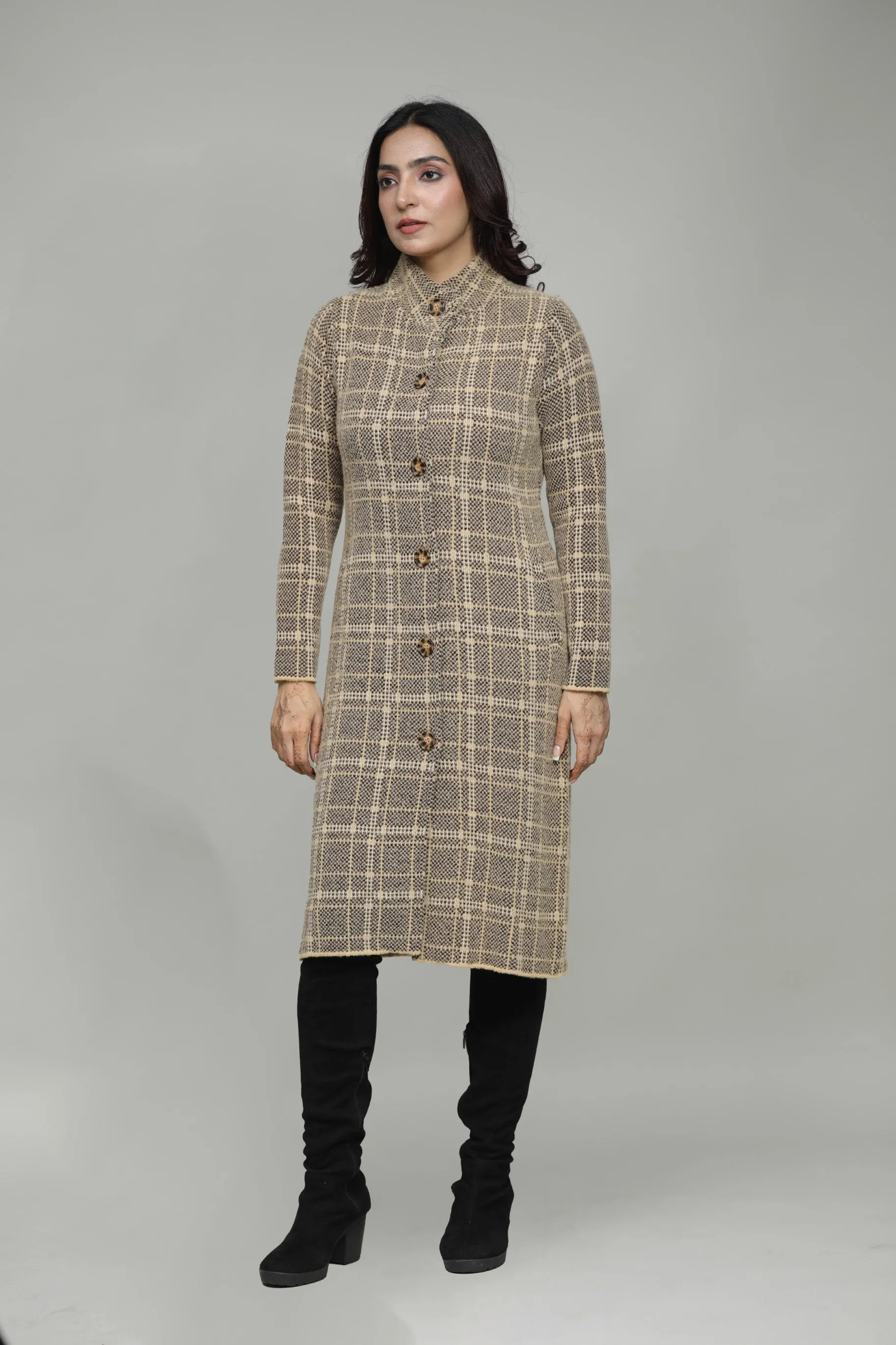Woolen Checkered T-Neck Long Coat for Women